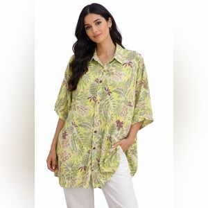 Vintage Hawaiian Shirt XL Yellow Tropical Rayon Button Up Beach Aloha Shirt